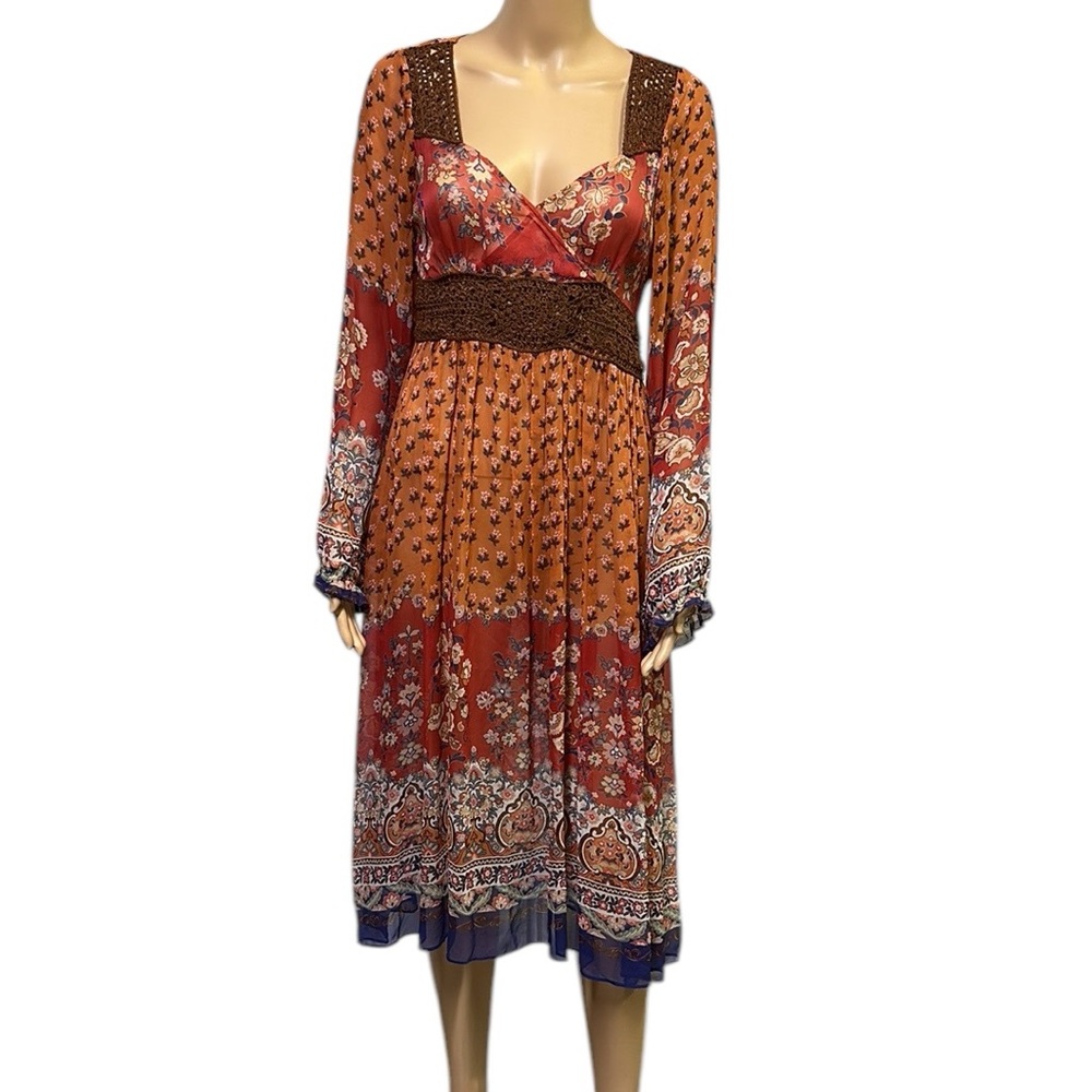 ECI Sheer Crochet Floral Boho Long Sleeve Boho Festival Midi Dress Womens 4